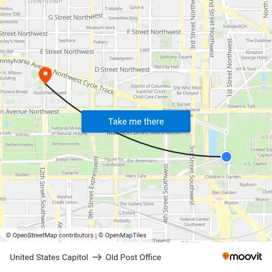 United States Capitol to Old Post Office map