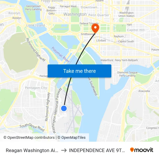 Reagan Washington Airport DCA to INDEPENDENCE AVE 9TH ST SW eb map