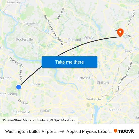 Washington Dulles Airport (IAD) to Applied Physics Laboratory map