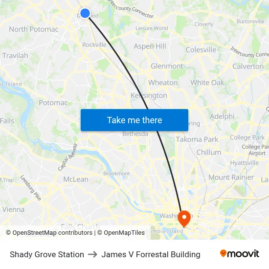 Shady Grove Station to James V Forrestal Building map