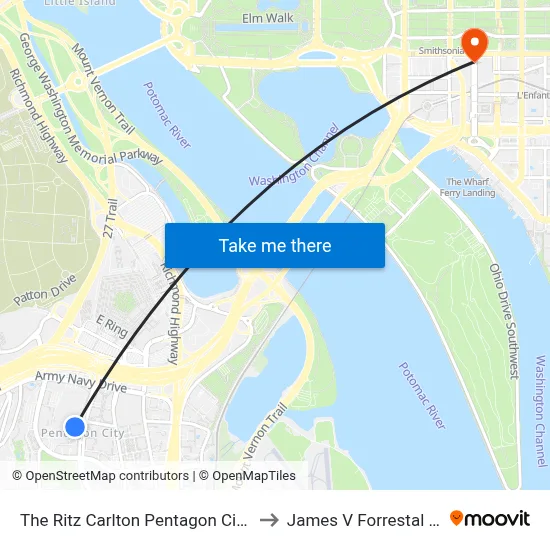 The Ritz Carlton Pentagon City Arlington to James V Forrestal Building map