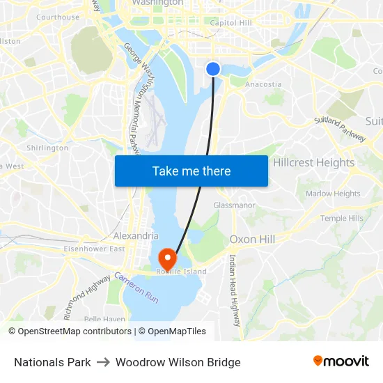 Nationals Park to Woodrow Wilson Bridge map