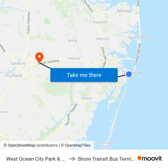 West Ocean City Park & Ride to Shore Transit Bus Terminal map