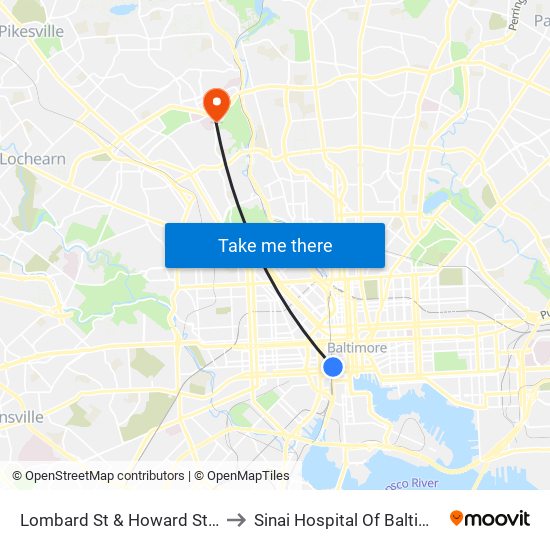 Lombard St & Howard St Wb to Sinai Hospital Of Baltimore map