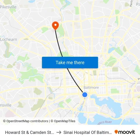 Howard St & Camden St Sb to Sinai Hospital Of Baltimore map