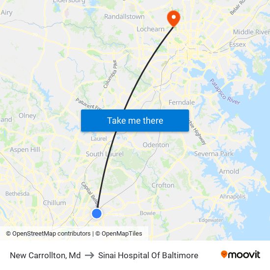 New Carrollton, Md to Sinai Hospital Of Baltimore map