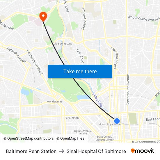 Baltimore Penn Station to Sinai Hospital Of Baltimore map