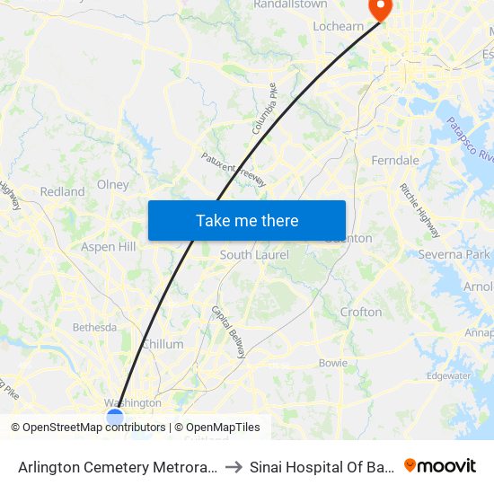 Arlington Cemetery  Metrorail Station to Sinai Hospital Of Baltimore map