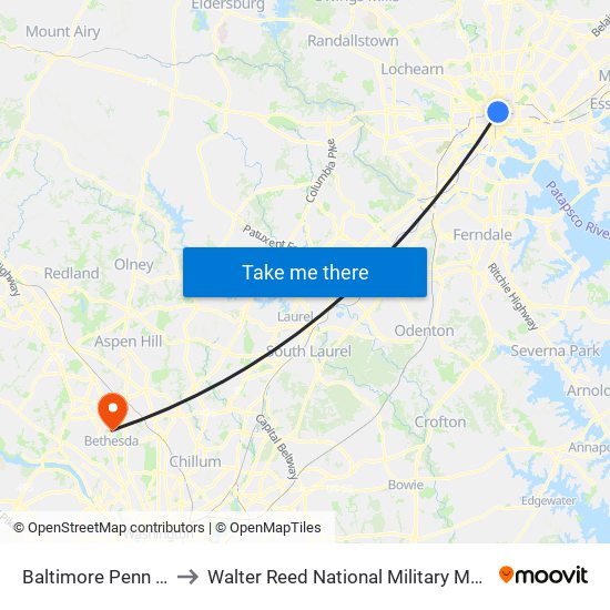 Baltimore Penn Station to Walter Reed National Military Medical Center map