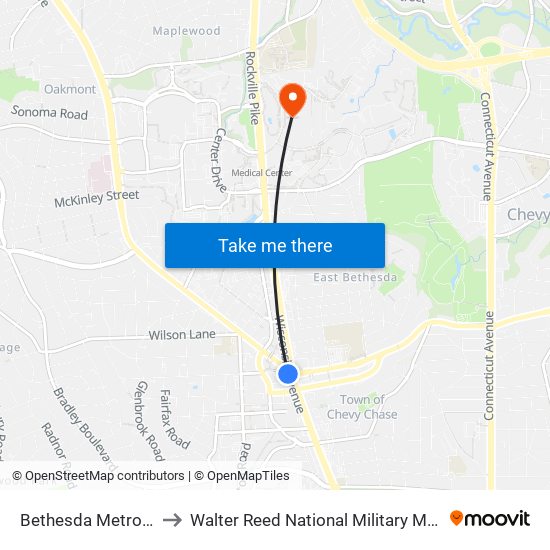 Bethesda Metro Station to Walter Reed National Military Medical Center map