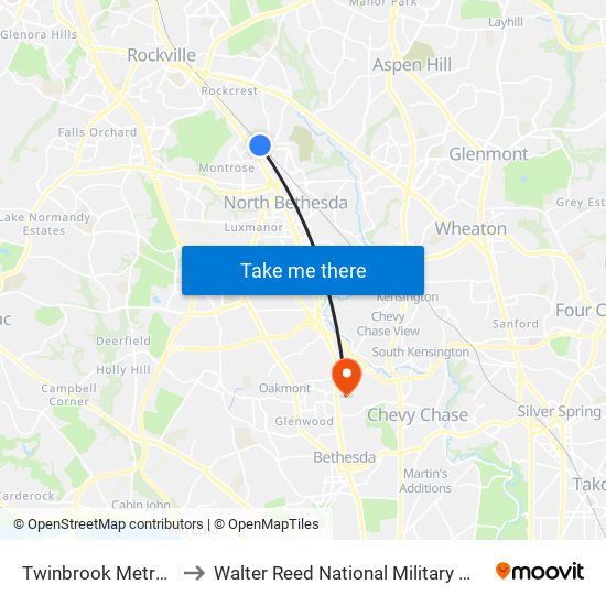 Twinbrook Metro Station to Walter Reed National Military Medical Center map