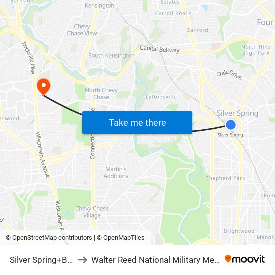 Silver Spring+Bay 114 to Walter Reed National Military Medical Center map