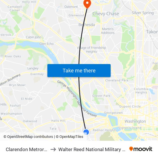 Clarendon Metrorail Station to Walter Reed National Military Medical Center map