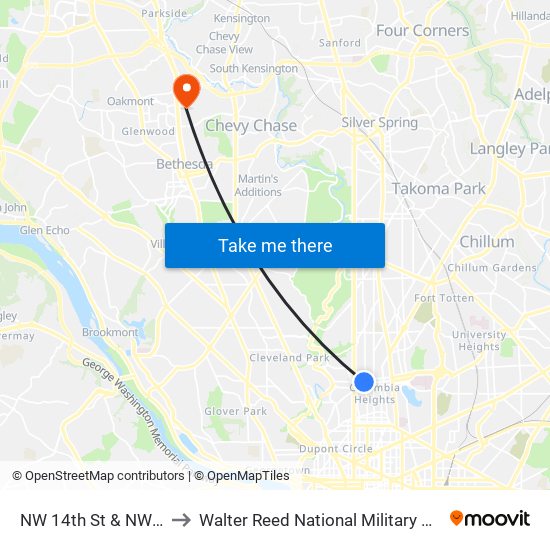 NW 14th St & NW Irving St to Walter Reed National Military Medical Center map
