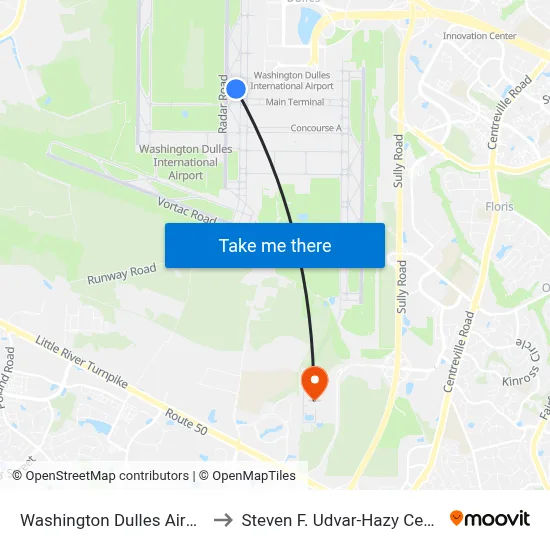 Washington Dulles Airport to Steven F. Udvar-Hazy Center map