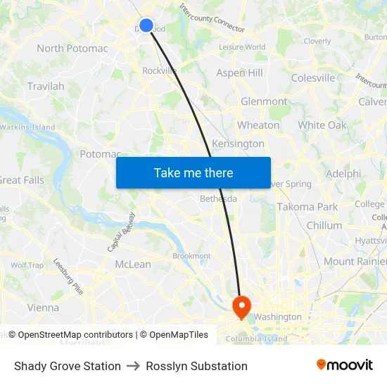Shady Grove Station to Rosslyn Substation map