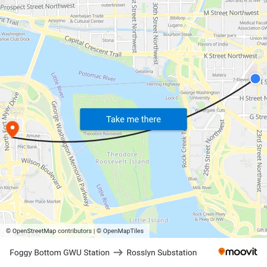 Foggy Bottom GWU Station to Rosslyn Substation map