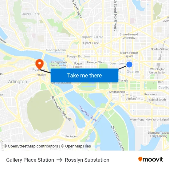 Gallery Place Station to Rosslyn Substation map