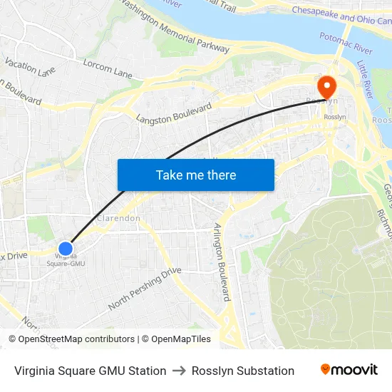 Virginia Square GMU Station to Rosslyn Substation map