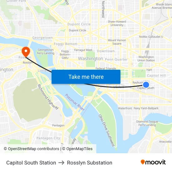 Capitol South Station to Rosslyn Substation map
