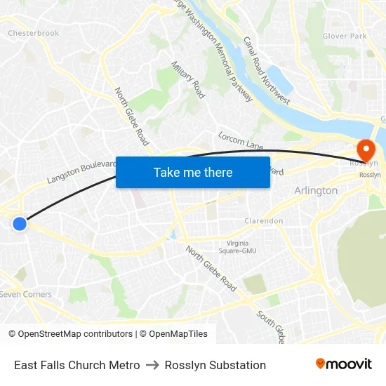East Falls Church Metro to Rosslyn Substation map