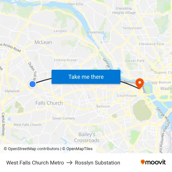 West Falls Church Metro to Rosslyn Substation map