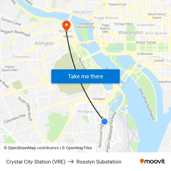 Crystal City Station (VRE) to Rosslyn Substation map