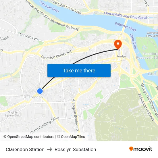 Clarendon Station to Rosslyn Substation map