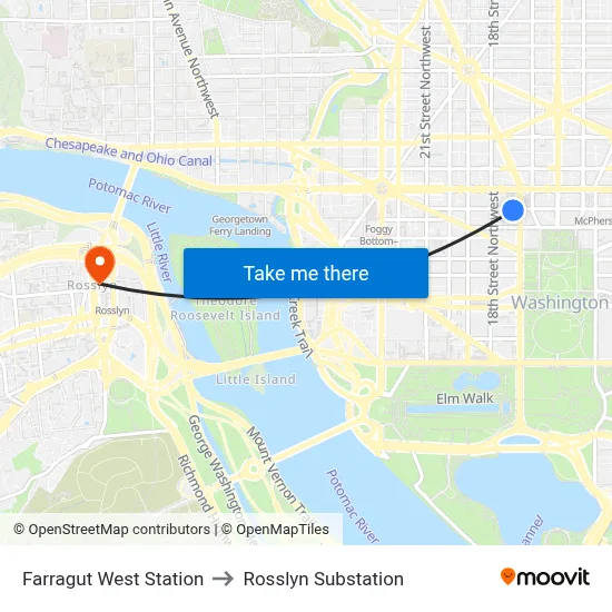 Farragut West Station to Rosslyn Substation map