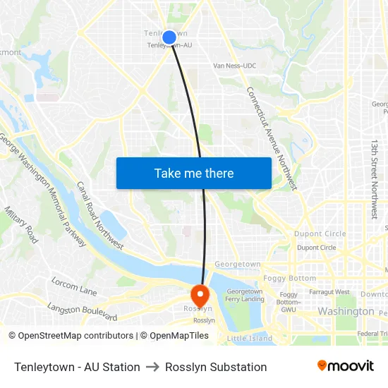 Tenleytown - AU Station, Tenleytown - AU Station, 4501 Wisconsin Ave NW, Washington, DC 20016, USA to Rosslyn Substation map