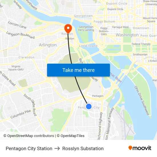 Pentagon City Station, Pentagon City Station, 1250 S Hayes St, Arlington, VA 22202, USA to Rosslyn Substation map