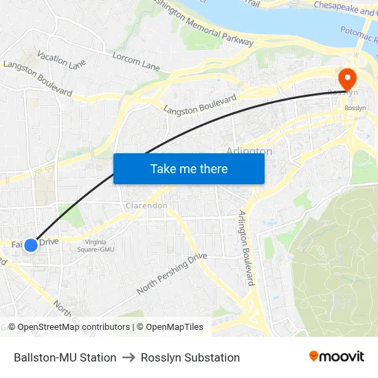 Ballston-MU Station to Rosslyn Substation map