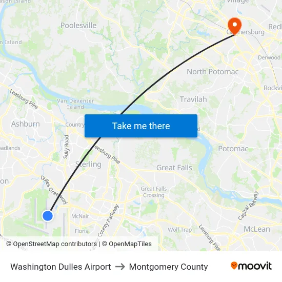 Washington Dulles Airport to Montgomery County map