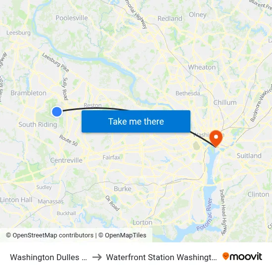 Washington Dulles Airport to Waterfront Station Washington Metro map