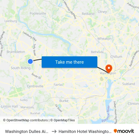 Washington Dulles Airport to Hamilton Hotel Washington DC map