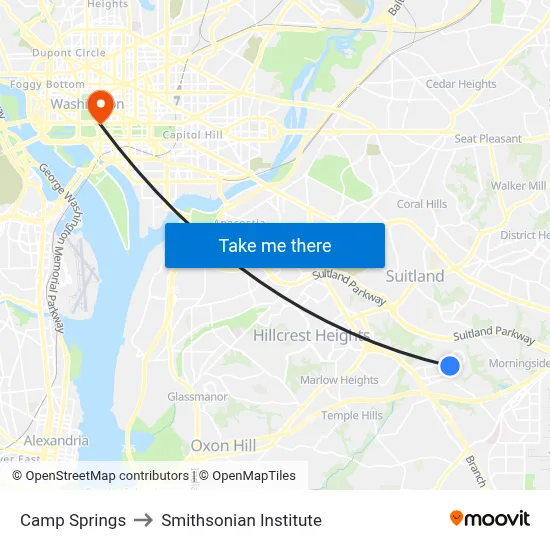 Camp Springs to Smithsonian Institute map