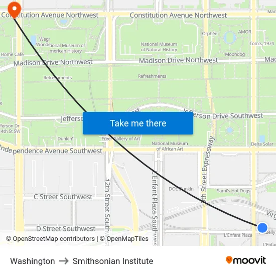 Washington to Smithsonian Institute map