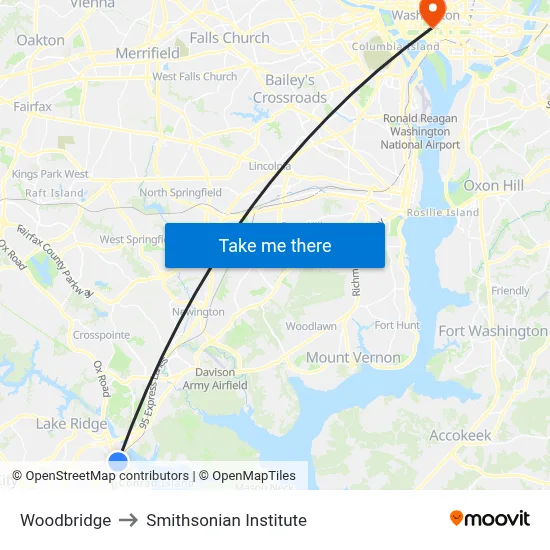 Woodbridge to Smithsonian Institute map