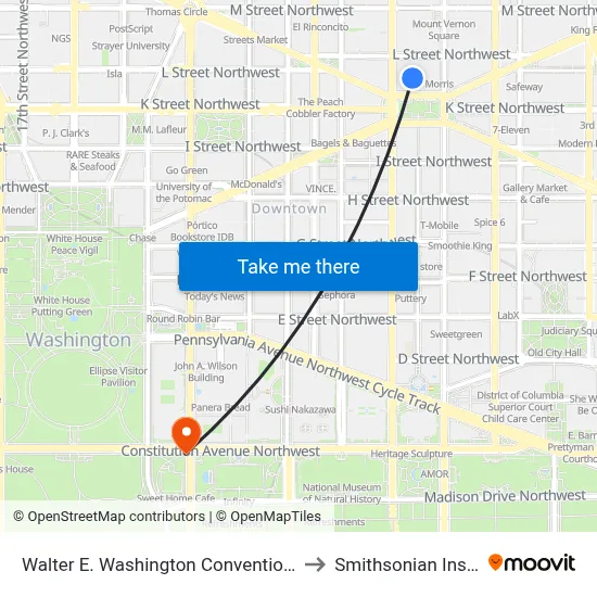 Walter E. Washington Convention Center to Smithsonian Institute map