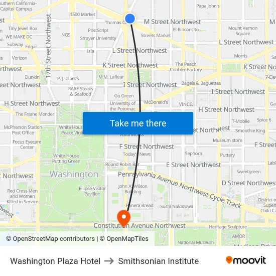 Washington Plaza Hotel to Smithsonian Institute map