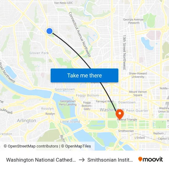 Washington National Cathedral to Smithsonian Institute map