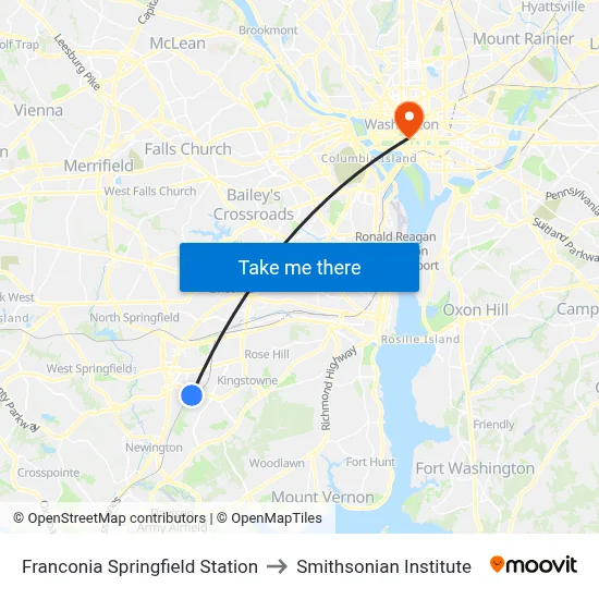 Franconia Springfield Station to Smithsonian Institute map