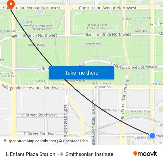 L Enfant Plaza Station to Smithsonian Institute map