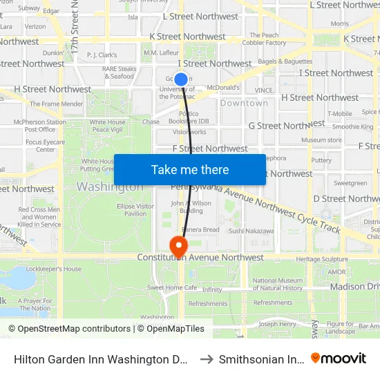 Hilton Garden Inn Washington DC Downtown to Smithsonian Institute map