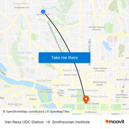 Van Ness UDC Station to Smithsonian Institute map