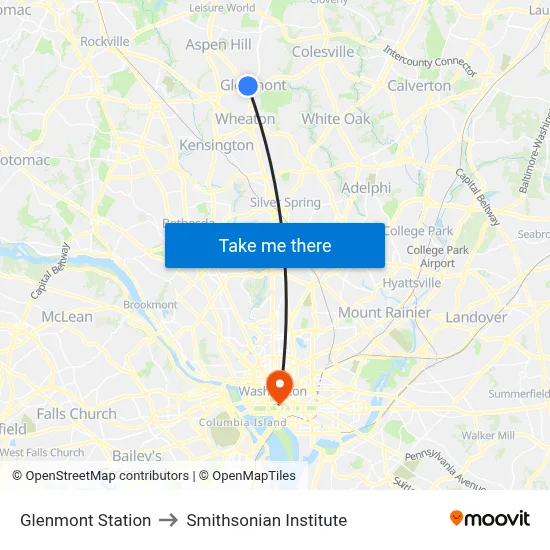 Glenmont Station to Smithsonian Institute map