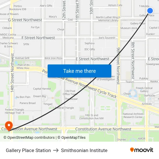 Gallery Place Station to Smithsonian Institute map