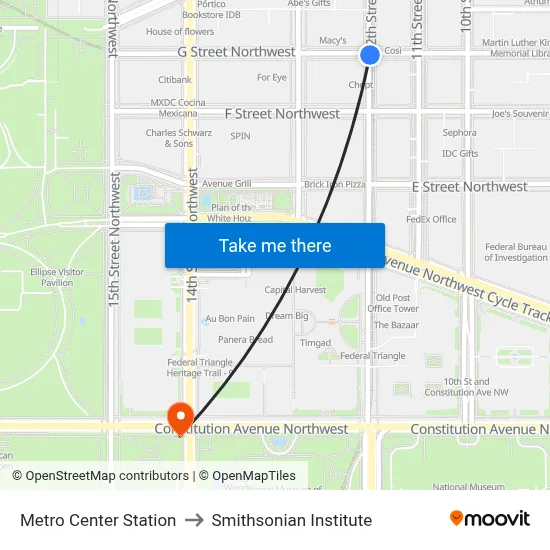 Metro Center Station to Smithsonian Institute map