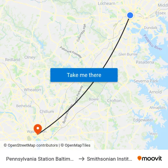 Pennsylvania Station Baltimore to Smithsonian Institute map