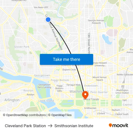 Cleveland Park Station to Smithsonian Institute map
